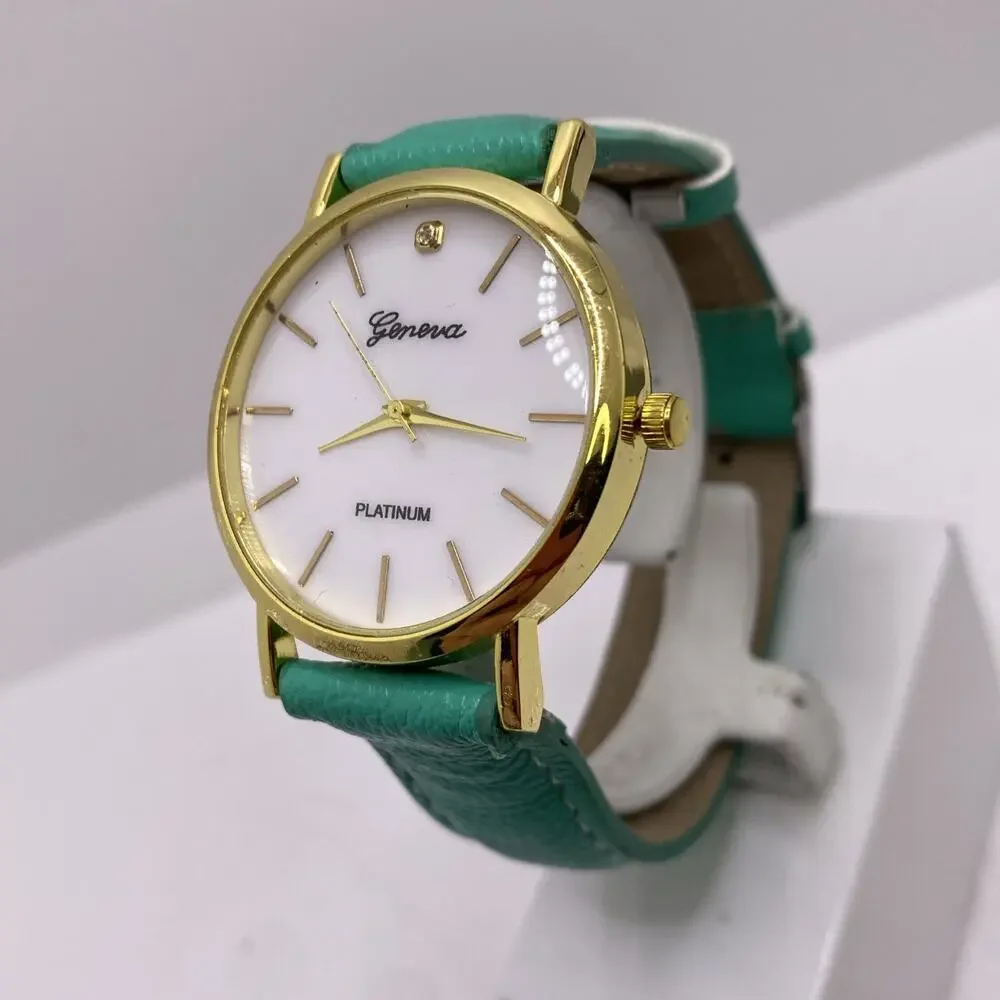 Geneva Gold Tone Green Watch Works New Battery